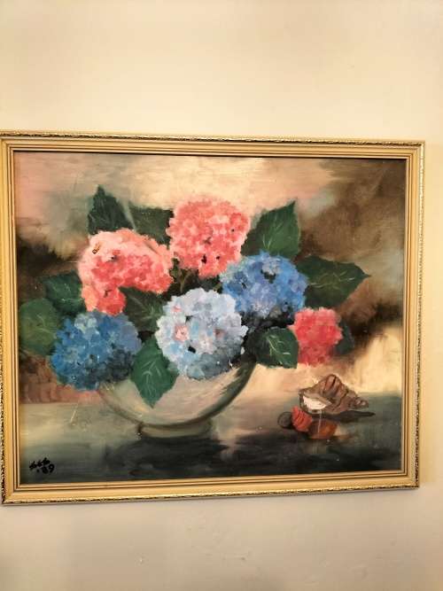 Framed Hydrangea Painting signed SES