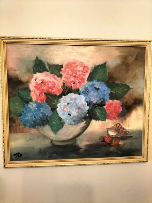 Framed Hydrangea Painting signed SES