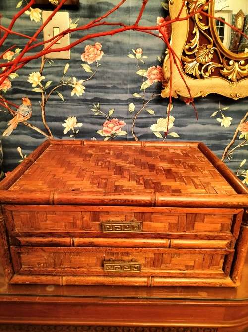 Chinese Heringbone Cane 2 Drawer Chest