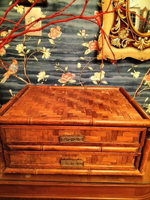Chinese Heringbone Cane 2 Drawer Chest