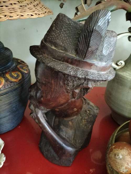 Wooden African Bust with a man with a Hat