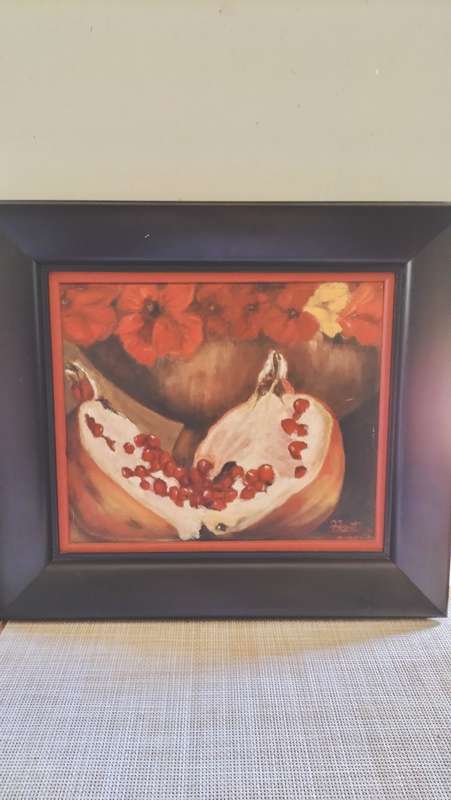 Framed Painting by F Kent Bowl of Nasturtium s & Pomagrate