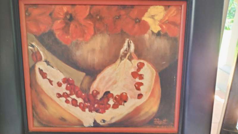 Framed Painting by F Kent Bowl of Nasturtium s & Pomagrate