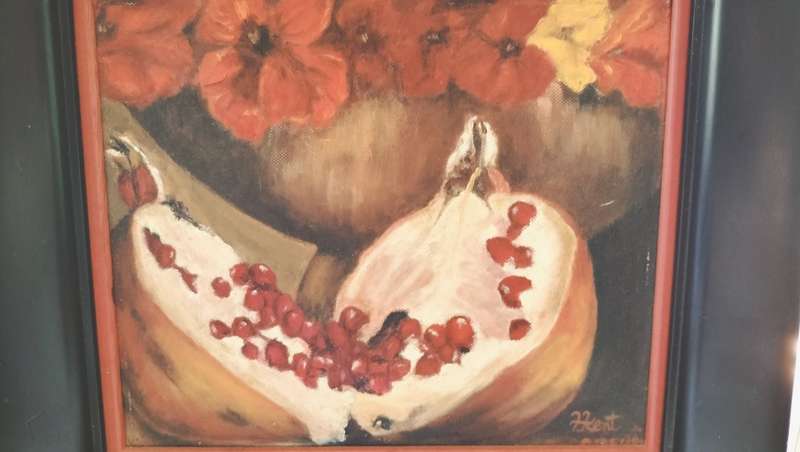 Framed Painting by F Kent Bowl of Nasturtium s & Pomagrate