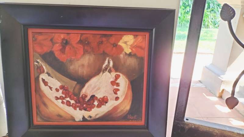 Framed Painting by F Kent Bowl of Nasturtium s & Pomagrate