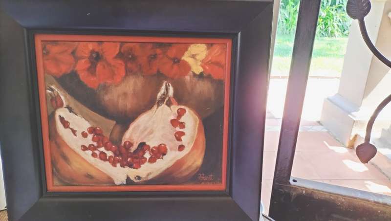 Framed Painting by F Kent Bowl of Nasturtium s & Pomagrate