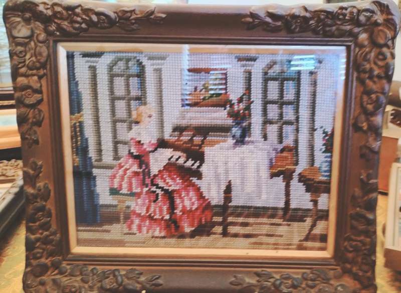 Pair of Beautifully Framed Ornate Gold Frames with Tapestries of Victorian Style Woman
