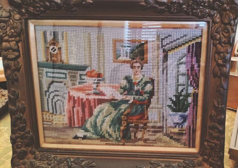 Pair of Beautifully Framed Ornate Gold Frames with Tapestries of Victorian Style Woman