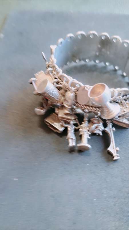 Hinged Silver Bracelet with Vintage Charms 149 grams