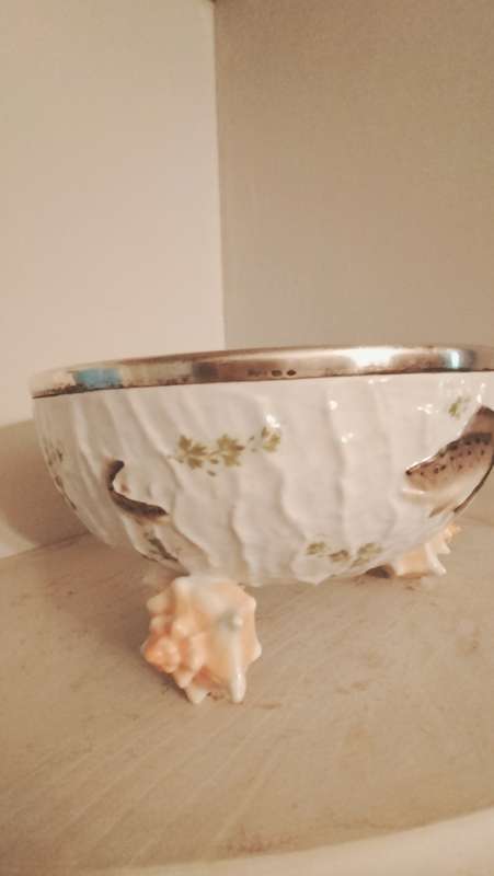 Musterschutz German Porcelain Bowl with Conch Shell Feet Hand Painted Fish & Silver Rim