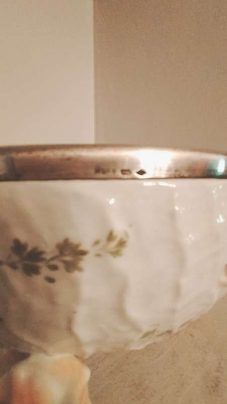 Musterschutz German Porcelain Bowl with Conch Shell Feet Hand Painted Fish & Silver Rim