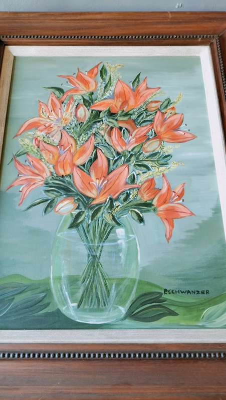 Framed Painting of Day Lily`s by L Schwanzer
