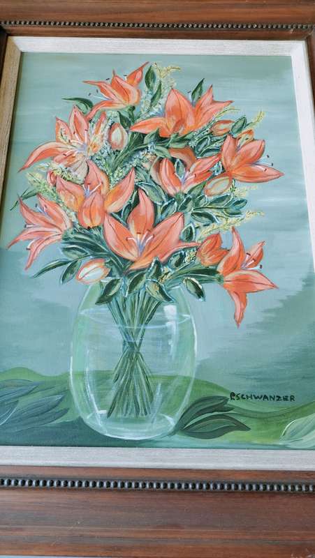 Framed Painting of Day Lily`s by L Schwanzer