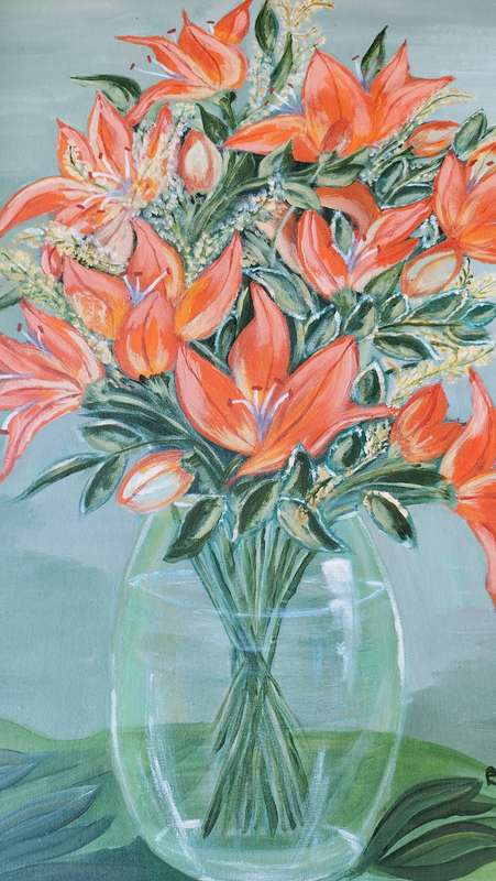 Framed Painting of Day Lily`s by L Schwanzer