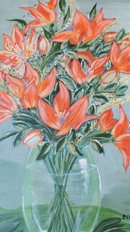 Framed Painting of Day Lily`s by L Schwanzer