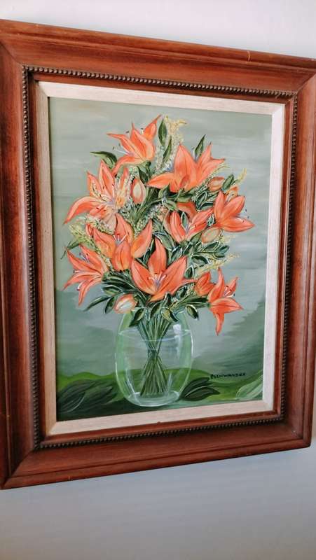 Framed Painting of Day Lily`s by L Schwanzer