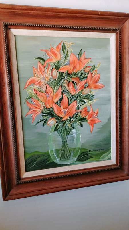 Framed Painting of Day Lily`s by L Schwanzer