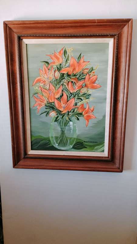 Framed Painting of Day Lily`s by L Schwanzer