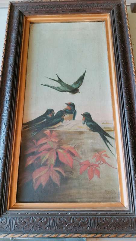Antique Painting if Swallows on Canvas Signed by The Artist