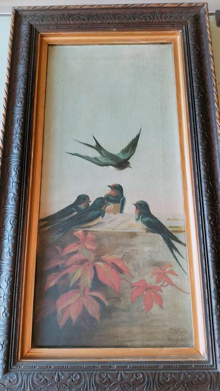 Antique Painting if Swallows on Canvas Signed by The Artist