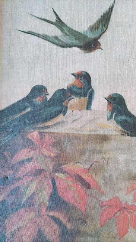 Antique Painting if Swallows on Canvas Signed by The Artist