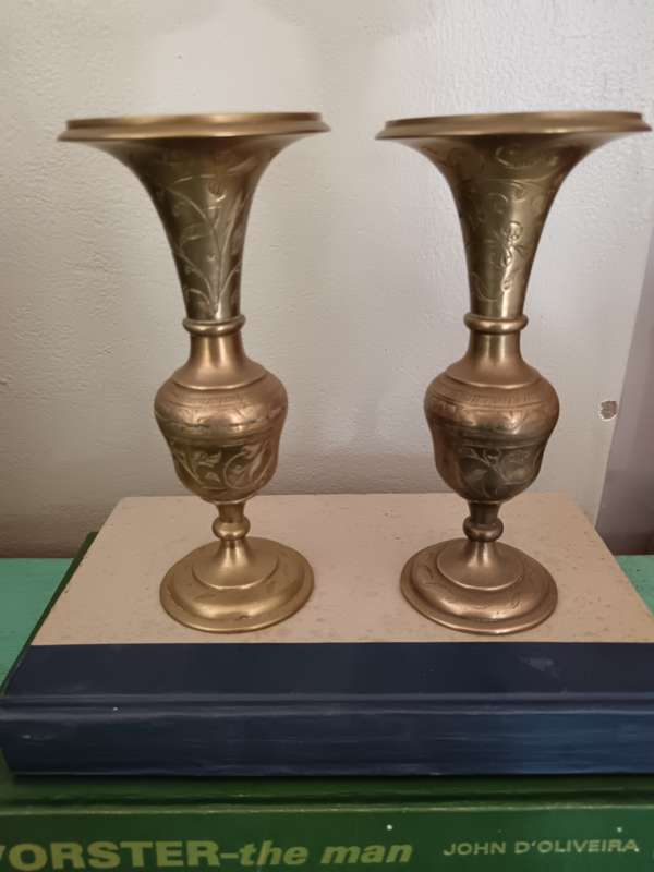 Pair of Heavy Brass Etched Vases