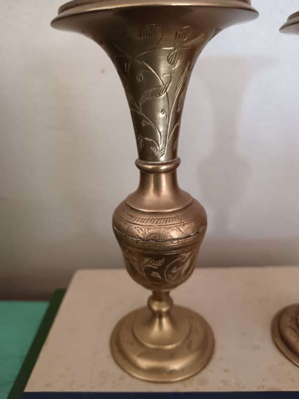Pair of Heavy Brass Etched Vases