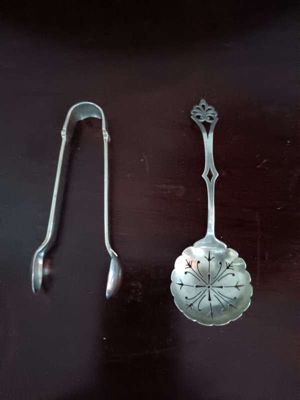 Sheffield Silver Sugar Spoon & Sugar Tongs