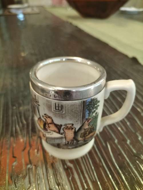 Antique Child`s Cup with Silver Rim ` This little Piggy`
