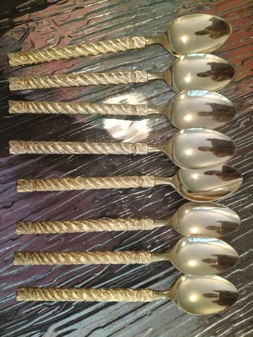 Gold Set of 8 Teaspoons with Rope Handles made in Japan