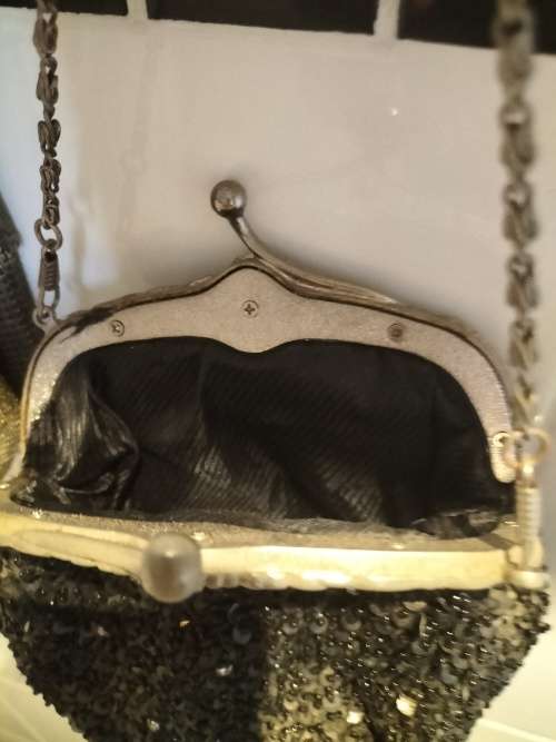 Vintage Black Beaded Evening Bag with Detailed silver tone frame