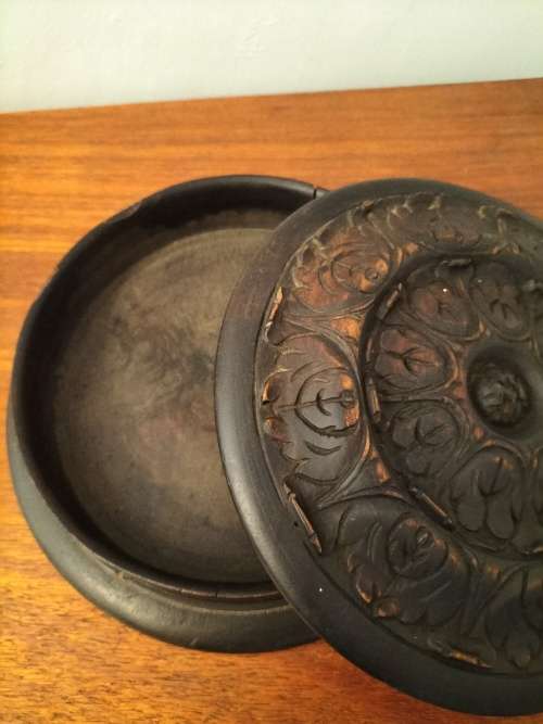 Round Vintage Carved Wooden Box