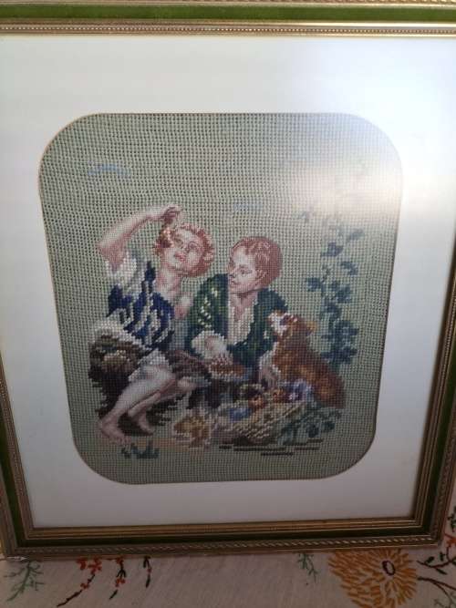 Beautifully Framed Petit Point Tapestry of the Courting Couple with Dog