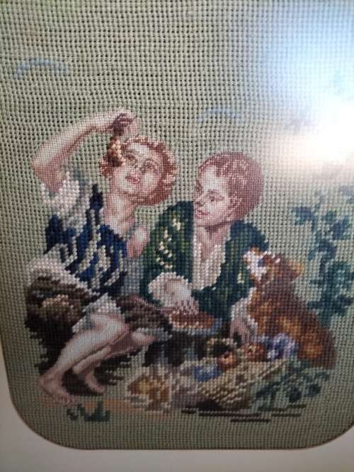 Beautifully Framed Petit Point Tapestry of the Courting Couple with Dog