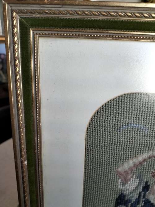 Beautifully Framed Petit Point Tapestry of the Courting Couple with Dog