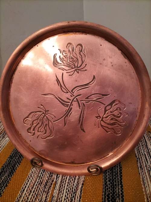 Round Copper Tray decorated with Flame Lilies made in Rhodesia