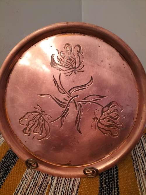 Round Copper Tray decorated with Flame Lilies made in Rhodesia