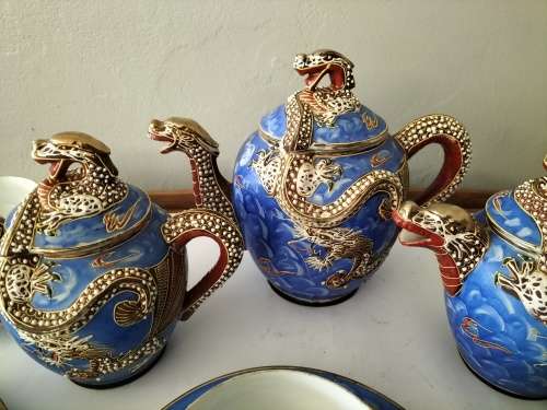Japanese Kutanu Dragon Ware Tea Set Geisha Girls Lithophanes Moriage 21 pieces