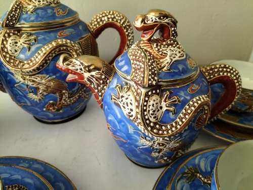 Japanese Kutanu Dragon Ware Tea Set Geisha Girls Lithophanes Moriage 21 pieces