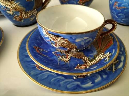 Japanese Kutanu Dragon Ware Tea Set Geisha Girls Lithophanes Moriage 21 pieces