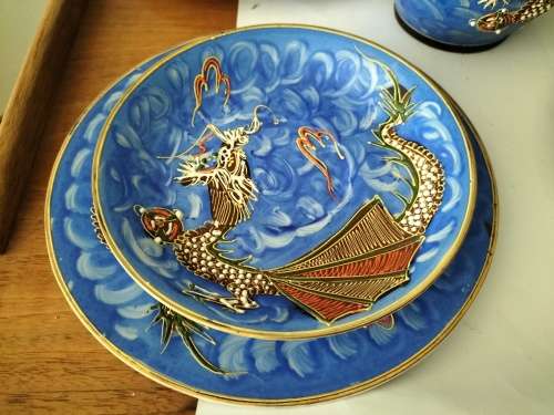Japanese Kutanu Dragon Ware Tea Set Geisha Girls Lithophanes Moriage 21 pieces