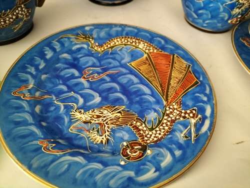 Japanese Kutanu Dragon Ware Tea Set Geisha Girls Lithophanes Moriage 21 pieces