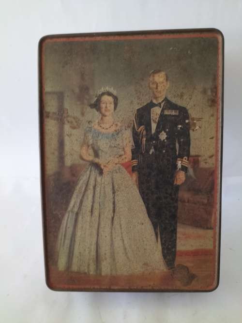 Queen Elizabeth 11 and Duke of Edinburgh Biscuit tin By Edward Sharp and Sons c 1950