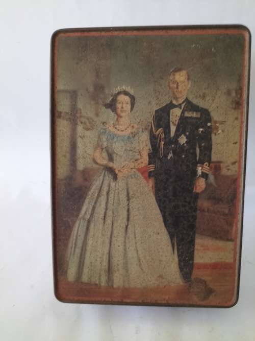 Queen Elizabeth 11 and Duke of Edinburgh Biscuit tin By Edward Sharp and Sons c 1950