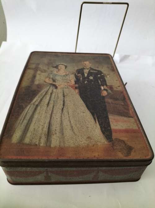 Queen Elizabeth 11 and Duke of Edinburgh Biscuit tin By Edward Sharp and Sons c 1950