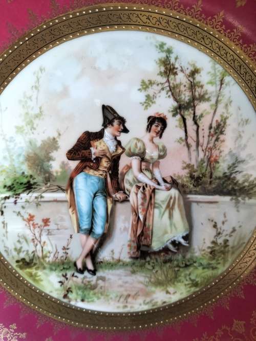 Limoges Victorian Couple in a Garden French Porcelain Plate