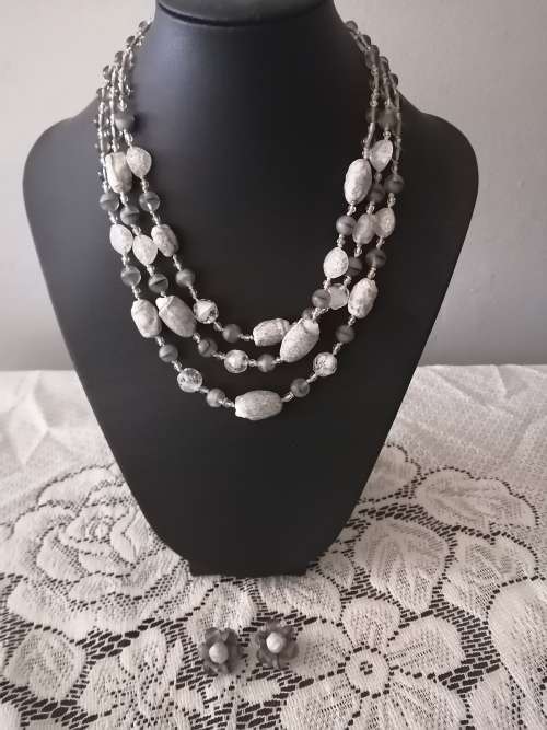 Vintage 3 Strand Grey Necklace with matching Earrings