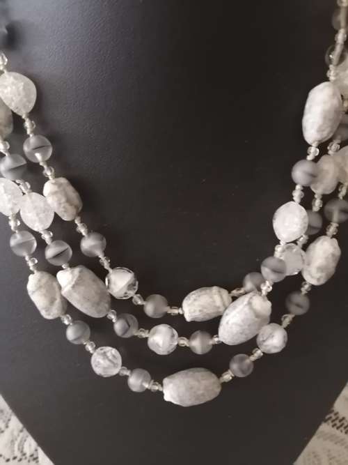 Vintage 3 Strand Grey Necklace with matching Earrings