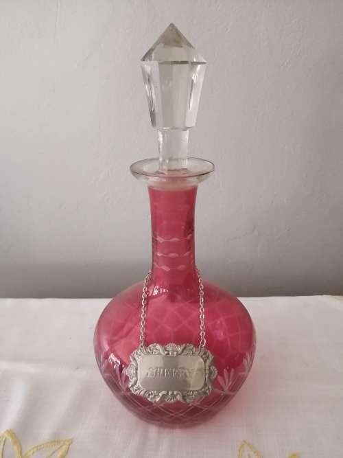 Cranberry Flashed Etched Sherry Decanter with silver plate sherry label
