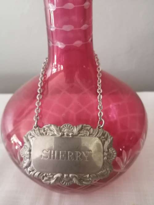 Cranberry Flashed Etched Sherry Decanter with silver plate sherry label